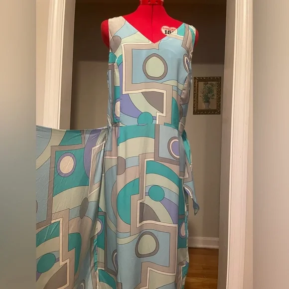 Y2K 90s Spenser Jeremy 100% Silk Mod Printed Faux Wrap Maxi Sun Dress - Picture 5 of 8